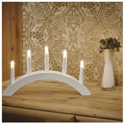 Dekoracje - świecznik drewniany łuk biały 20x38 cm 15W na 5x żarówek E10, IP20 (DCAZ01)